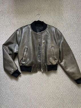 Mango Metallic Olive Bomber Jacket with Black Ribbed Trim